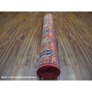 4'1"x10'2" Deep Red Afghan Ersari with Hutchlu Parda Design Soft, Velvety Plush Wool Hand Knotted Oriental Wide Runner Rug FWR422142