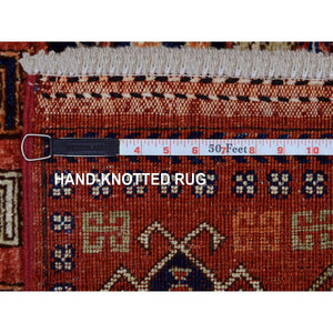 4'1"x10'2" Deep Red Afghan Ersari with Hutchlu Parda Design Soft, Velvety Plush Wool Hand Knotted Oriental Wide Runner Rug FWR422142