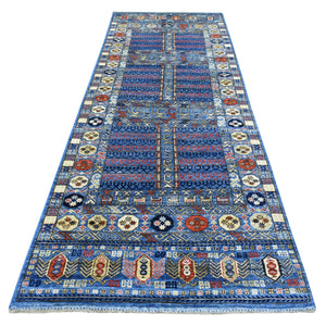 4'2"x12' Hand Knotted Extremely Durable Blue Afghan Ersari with Hutchlu Parda Design Soft Wool Oriental Wide Runner Rug FWR422346