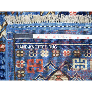 4'2"x12' Hand Knotted Extremely Durable Blue Afghan Ersari with Hutchlu Parda Design Soft Wool Oriental Wide Runner Rug FWR422346