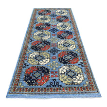 Load image into Gallery viewer, 4&#39;1&quot;x9&#39;9&quot; Extra Soft Wool Hand Knotted Blue Afghan Ersari with Hutchlu Parda Design Oriental Wide Runner Rug FWR422352