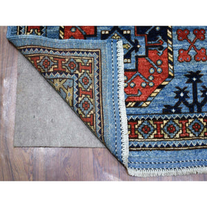4'1"x9'9" Extra Soft Wool Hand Knotted Blue Afghan Ersari with Hutchlu Parda Design Oriental Wide Runner Rug FWR422352
