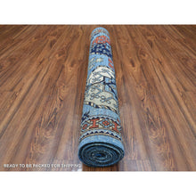 Load image into Gallery viewer, 4&#39;1&quot;x9&#39;9&quot; Extra Soft Wool Hand Knotted Blue Afghan Ersari with Hutchlu Parda Design Oriental Wide Runner Rug FWR422352