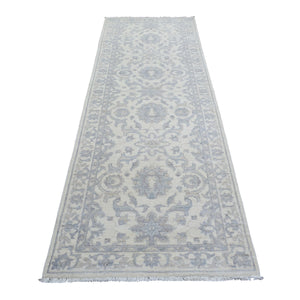 3'3"x9'8" Hand Knotted White Wash Peshawar with All Over Flower Design Extra Soft Wool Oriental Runner Rug FWR422430