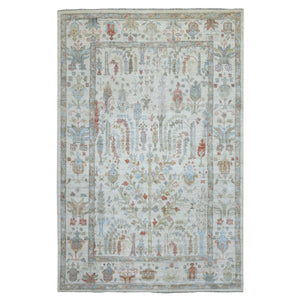 6'x9' Ivory, Hand Knotted, Afghan Angora Ushak with Cypress and Willow Tree Design, Supple Wool Oriental Rug FWR423078