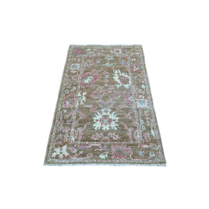 3'1"x5' Almond Brown, Hand Knotted, Afghan Angora Oushak with Beautiful Leaf Design, Organic Wool Oriental Rug FWR423264
