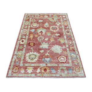 3'9"x6' Coral Red Hand Knotted, Afghan Angora Oushak with Colorful Leaf Design, Pure Wool Oriental Rug FWR423630