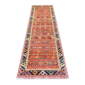 2'8"x9'7" Coral Red, Afghan Ersari with Bijar Garus Design, Ancient Animal Figurines, Natural Dyes, Densely Woven, Extra Soft Wool, Hand Knotted, Runner Oriental Rug FWR423708