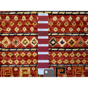 2'8"x9'7" Coral Red, Afghan Ersari with Bijar Garus Design, Ancient Animal Figurines, Natural Dyes, Densely Woven, Extra Soft Wool, Hand Knotted, Runner Oriental Rug FWR423708