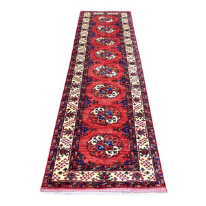 2'8"x9'7" Coral Red, Afghan Ersari with Elephant Feet Design, Natural Dyes, Densely Woven, 100% Wool, Hand Knotted, Runner Oriental Rug FWR423720