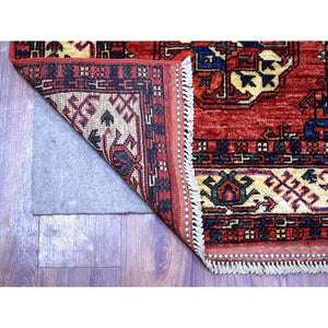 2'8"x9'7" Coral Red, Afghan Ersari with Elephant Feet Design, Natural Dyes, Densely Woven, 100% Wool, Hand Knotted, Runner Oriental Rug FWR423720