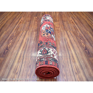 2'8"x9'7" Coral Red, Afghan Ersari with Elephant Feet Design, Natural Dyes, Densely Woven, 100% Wool, Hand Knotted, Runner Oriental Rug FWR423720