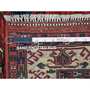 2'8"x9'7" Coral Red, Afghan Ersari with Elephant Feet Design, Natural Dyes, Densely Woven, 100% Wool, Hand Knotted, Runner Oriental Rug FWR423720