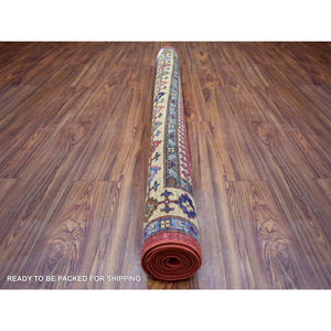 5'7"x7'7" Coral Red Hand Knotted Natural Dyes, Afghan Ersari with Geometric Design, Pure Wool Oriental Rug FWR423882