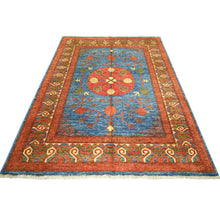 Load image into Gallery viewer, 5&#39;9&quot;x7&#39;10&quot; Denim Blue Hand Knotted Turkeman Ersari with Khotan Design Soft and Shiny Wool Oriental Rug FWR423888