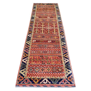 2'8"x9'4" Tomato Red Afghan Ersari with Small Animal Figurines, Hand Knotted, Natural Dyes, Pure Wool Runner Oriental Rug FWR424446
