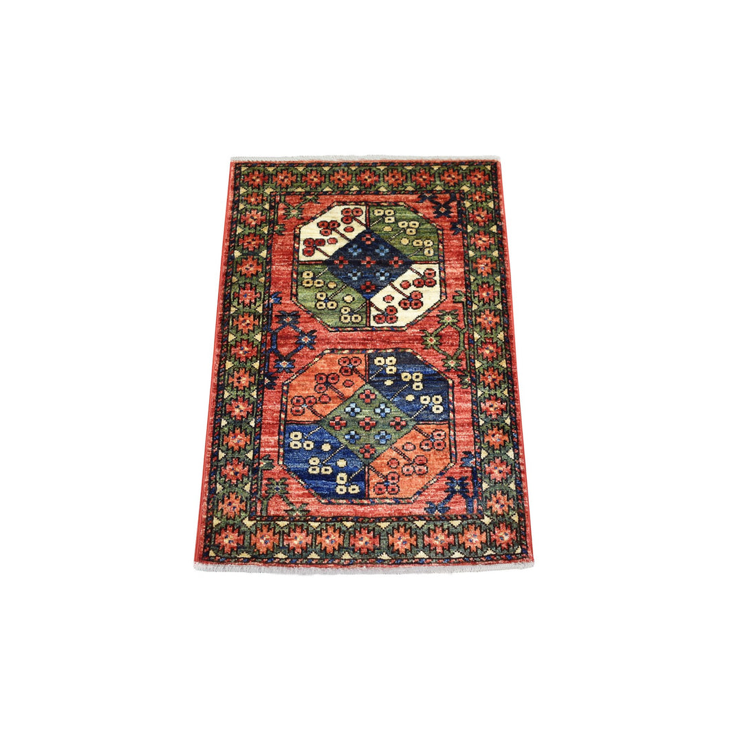 2'x3' Coral Red Turkeman Ersari with Elephant Feet Design, Densely Woven, Hand Knotted, Natural Dyes, Soft and Shiny Wool Oriental Rug FWR424602