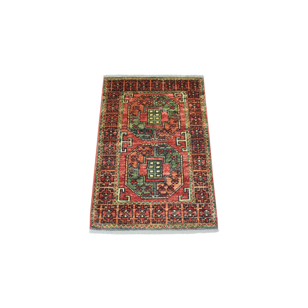 2'x3' Tomato Red, Natural Dyes, Hand Knotted, Afghan Ersari with Elephant Feet Design, Densely Woven 100% Wool Oriental Rug FWR424638