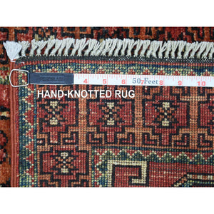 2'x3' Tomato Red, Natural Dyes, Hand Knotted, Afghan Ersari with Elephant Feet Design, Densely Woven 100% Wool Oriental Rug FWR424638