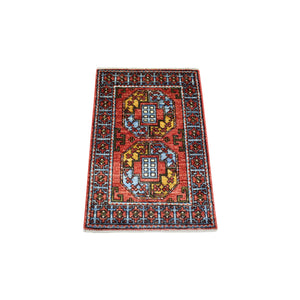 2'x3' Coral Rug Afghan Ersari with Elephant Feet Design, Natural Dyes, Hand Knotted Ghazni Wool Oriental Rug FWR424920