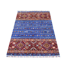 Load image into Gallery viewer, 3&#39;6&quot;x5&#39;5&quot; Light Blue, Hand Knotted Afghan Super Kazak, Khorjin Design with Colorful Tassels, Natural Dyes Extra Soft Wool, Oriental Rug FWR425436