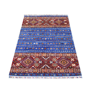 3'6"x5'5" Light Blue, Hand Knotted Afghan Super Kazak, Khorjin Design with Colorful Tassels, Natural Dyes Extra Soft Wool, Oriental Rug FWR425436