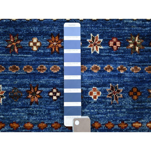 3'6"x5'5" Light Blue, Hand Knotted Afghan Super Kazak, Khorjin Design with Colorful Tassels, Natural Dyes Extra Soft Wool, Oriental Rug FWR425436
