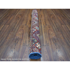 3'6"x5'5" Light Blue, Hand Knotted Afghan Super Kazak, Khorjin Design with Colorful Tassels, Natural Dyes Extra Soft Wool, Oriental Rug FWR425436