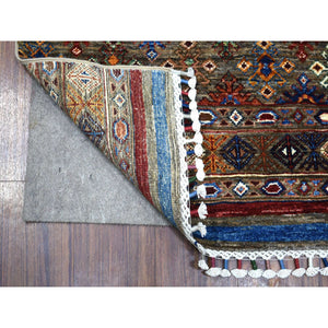 2'8"x9' Gray, Natural Dyes Extra Soft Wool Hand Knotted, Afghan Super Kazak, Khorjin Design with Colorful Tassels, Runner Oriental Rug FWR425700