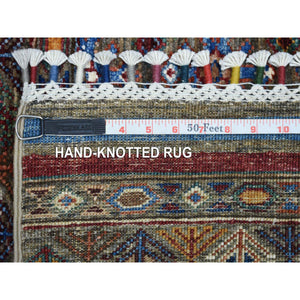 2'8"x9' Gray, Natural Dyes Extra Soft Wool Hand Knotted, Afghan Super Kazak, Khorjin Design with Colorful Tassels, Runner Oriental Rug FWR425700