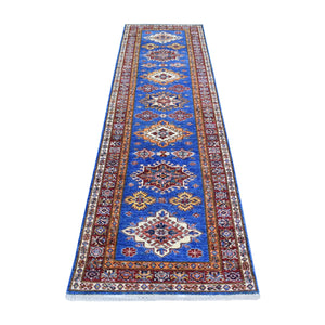 2'8"x9'6" Denim Blue, Hand Knotted Afghan Super Kazak with Geometric Medallion Design, Natural Dyes 100% Wool Runner Oriental Rug FWR425796