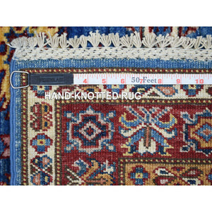 2'8"x9'6" Denim Blue, Hand Knotted Afghan Super Kazak with Geometric Medallion Design, Natural Dyes 100% Wool Runner Oriental Rug FWR425796