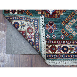 2'4"x10' Green Afghan Super Kazak with Geometric Medallion Design, Hand Knotted, Natural Dyes, Pure Wool Runner Oriental Rug FWR425802