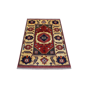 3'5"x4'8" Rich Red Afghan Ersari with Geometric Medallion Design, Natural Dyes, Hand Knotted Pure Wool Oriental Rug FWR425904