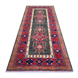 4'x9'8" Olive Green, Natural Dyes, Hand Knotted, Turkeman Ersari with Tribal Design, Soft and Pure Wool Wide Runner Oriental Rug FWR425958