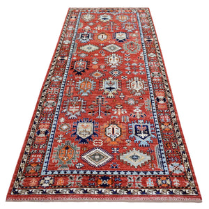 4'x9'7" Coral Red Afghan Ersari with Large Elements Design, Natural Dyes, Hand Knotted, Soft and Shiny Wool Wide Runner Oriental Rug FWR425964