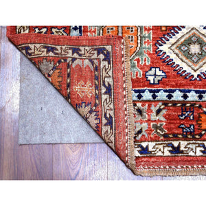 4'x9'7" Coral Red Afghan Ersari with Large Elements Design, Natural Dyes, Hand Knotted, Soft and Shiny Wool Wide Runner Oriental Rug FWR425964