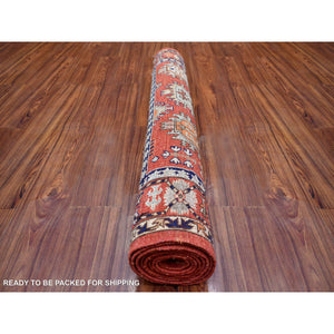 4'x9'7" Coral Red Afghan Ersari with Large Elements Design, Natural Dyes, Hand Knotted, Soft and Shiny Wool Wide Runner Oriental Rug FWR425964