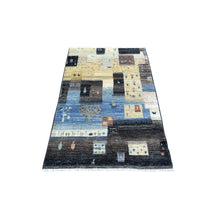 Load image into Gallery viewer, 3&#39;1&quot;x5&#39; Mix of Black, Yellow and Blue, Afghan Kashkuli Gabbeh with Pictorial Design Hand Knotted, Natural Wool Oriental Rug FWR426186