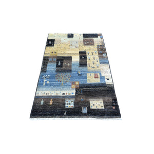 3'1"x5' Mix of Black, Yellow and Blue, Afghan Kashkuli Gabbeh with Pictorial Design Hand Knotted, Natural Wool Oriental Rug FWR426186