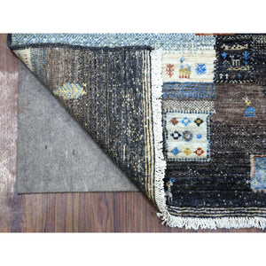 3'1"x5' Mix of Black, Yellow and Blue, Afghan Kashkuli Gabbeh with Pictorial Design Hand Knotted, Natural Wool Oriental Rug FWR426186