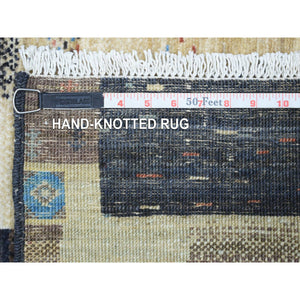 3'1"x5' Mix of Black, Yellow and Blue, Afghan Kashkuli Gabbeh with Pictorial Design Hand Knotted, Natural Wool Oriental Rug FWR426186