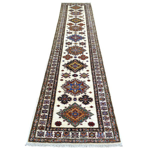 2'6"x12'7" Ivory Hand Knotted, Afghan Super Kazak with Geometric Medallion Design, Natural Dyes, Pure Wool Runner Oriental Rug FWR427296