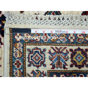 2'6"x12'7" Ivory Hand Knotted, Afghan Super Kazak with Geometric Medallion Design, Natural Dyes, Pure Wool Runner Oriental Rug FWR427296