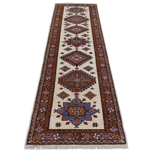 2'8"x9'4" Ivory Natural Dyes, Afghan Super Kazak with Geometric Design, Hand Knotted Pure Wool Oriental Rug FWR427302