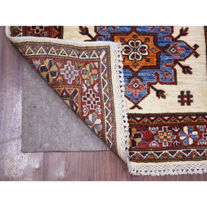 2'8"x9'4" Ivory Natural Dyes, Afghan Super Kazak with Geometric Design, Hand Knotted Pure Wool Oriental Rug FWR427302