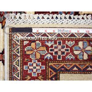 2'8"x9'4" Ivory Natural Dyes, Afghan Super Kazak with Geometric Design, Hand Knotted Pure Wool Oriental Rug FWR427302