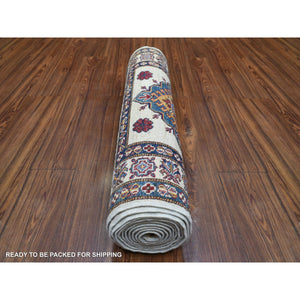 2'9"x12'7" Ivory Afghan Super Kazak with Geometric Medallion Design Hand Knotted, Pure Wool Runner Oriental Rug FWR427314