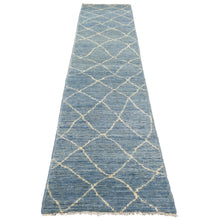 Load image into Gallery viewer, 2&#39;6&quot;x11&#39;2&quot; Denim Blue, Hand Knotted, Natural Dyes, Moroccan Berber with Criss Cross Pattern, Organic Wool, Runner Oriental Rug FWR427332