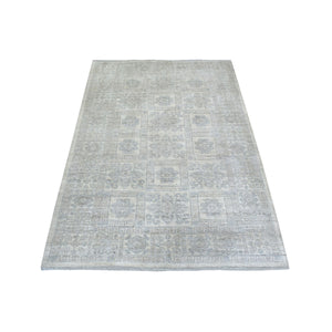 4'1"x5'9" Ivory, White Wash Peshawar with Motifs, Soft Wool Natural Dyes Hand Knotted, Oriental Rug FWR427554